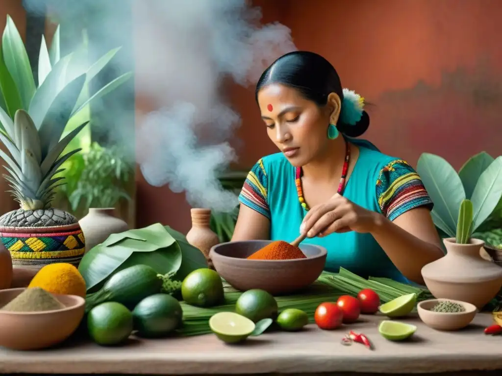 Una mujer maya experta en cocina tradicional prepara ingredientes vibrantes