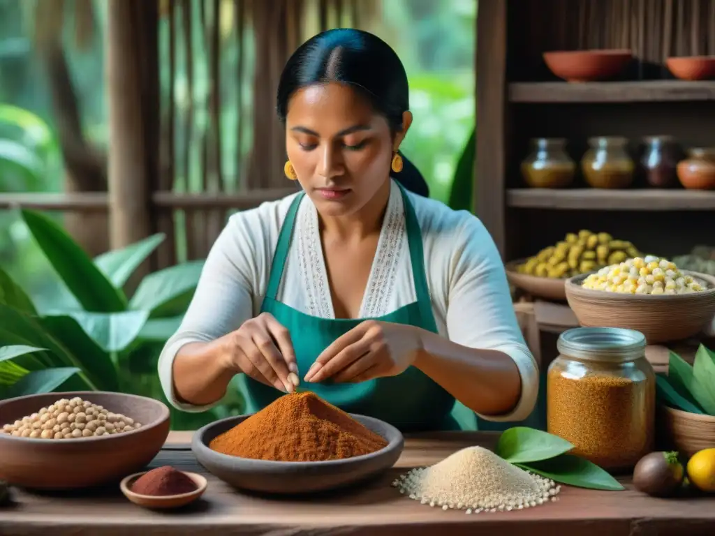 Una mujer maya experta en técnicas de fermentación de alimentos preparando ingredientes tradicionales en una escena auténtica en la selva maya