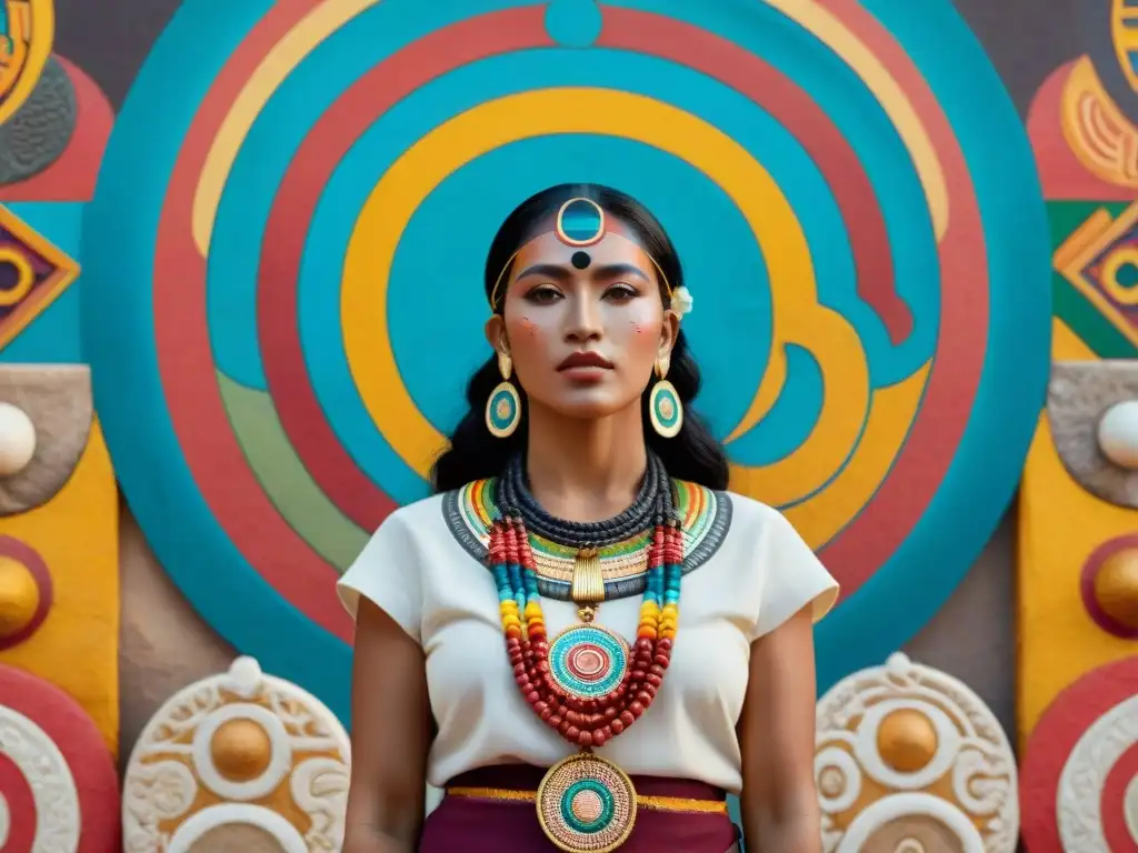 Una mujer maya frente a un mural vibrante de la diosa Ix Chel, evocando mitos mayas, menstruación y fertilidad