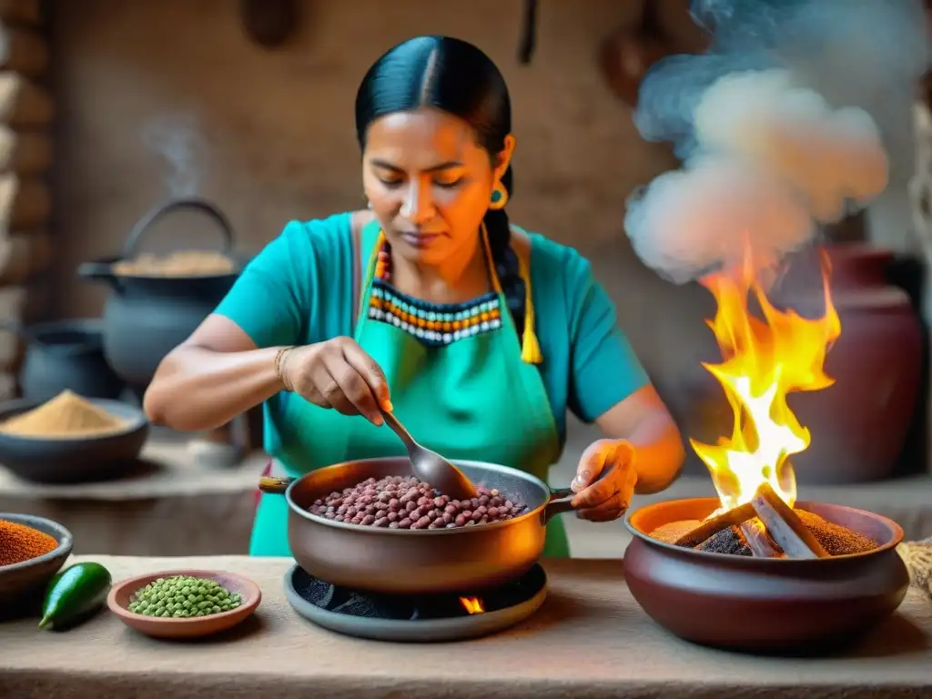 Una mujer maya preparando frijoles con especias en cocina rústica