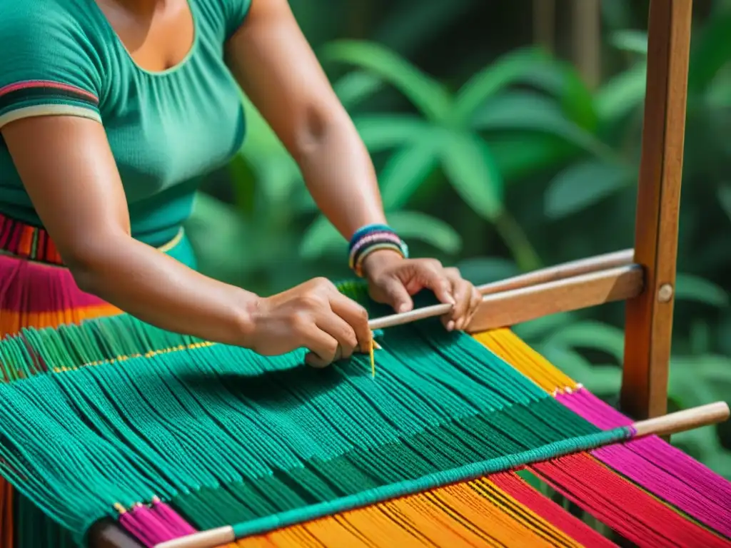 Una mujer maya tejiendo con habilidad en un telar de cintura, rodeada de vegetación bajo el sol yucateco