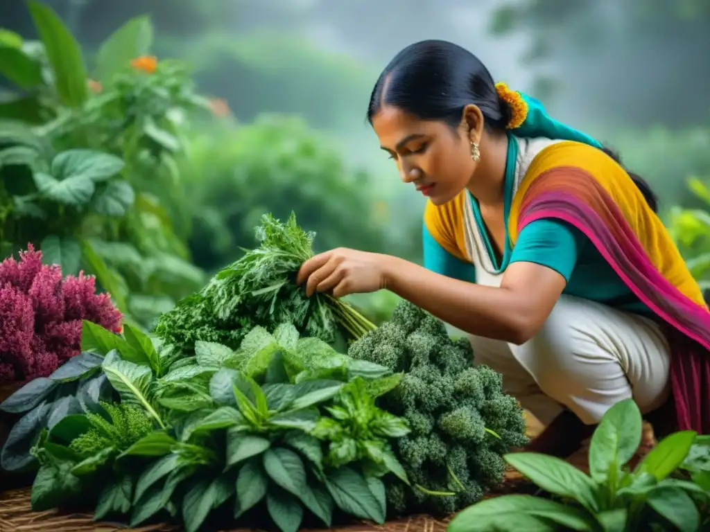 Una mujer maya selecciona cuidadosamente hierbas en un jardín, mostrando la cultura del Jardín de hierbas mayas cultivar