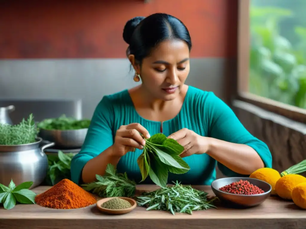 Una mujer maya preparando hierbas medicinales en cocina tradicional, resaltando la fusión de saberes ancestrales y culinarios