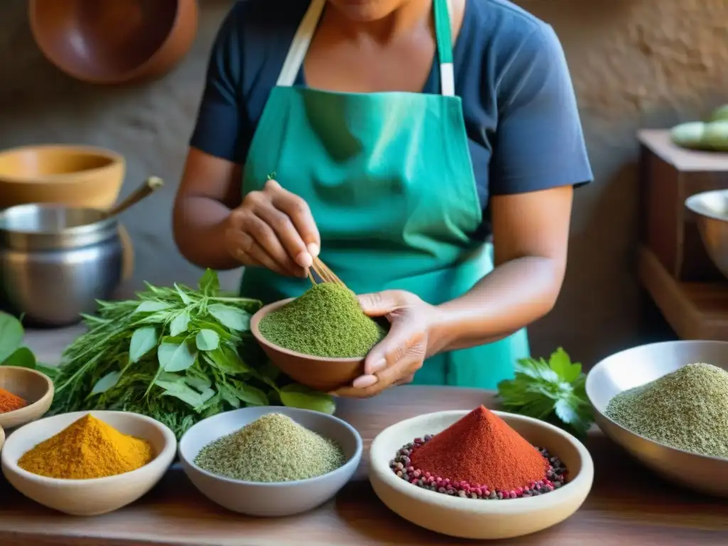 Una mujer maya preparando hierbas medicinales en cocina tradicional