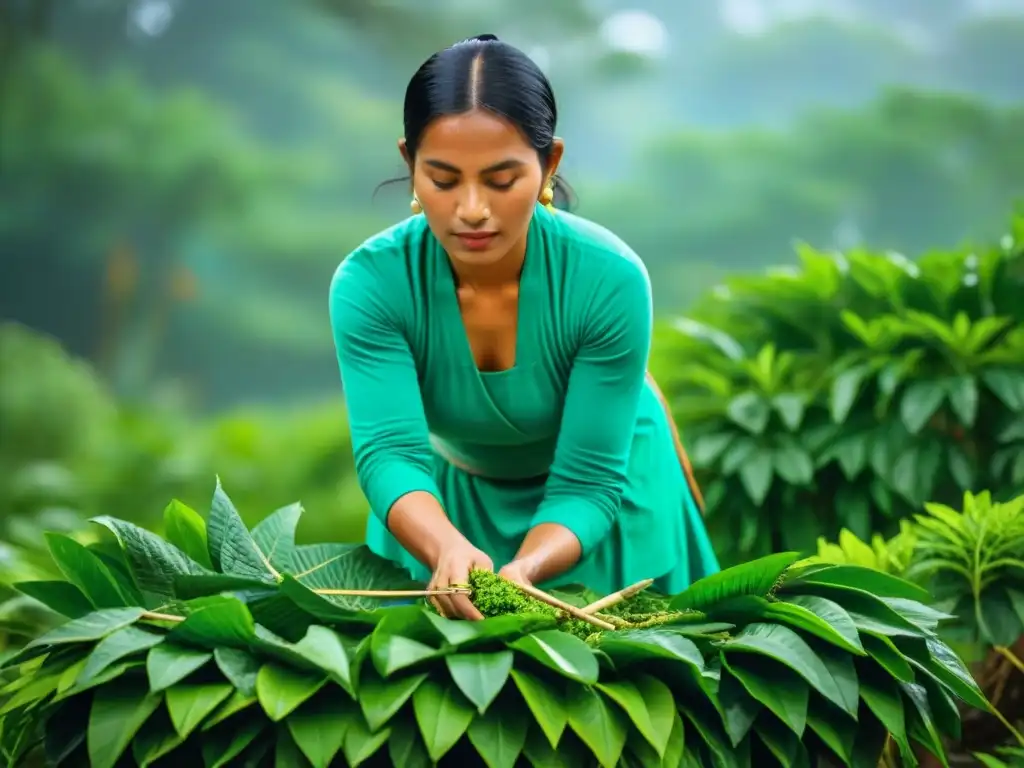 Una mujer maya cosechando hojas frescas de chaya bajo el sol, resaltando su colorida vestimenta y las herramientas antiguas que utiliza