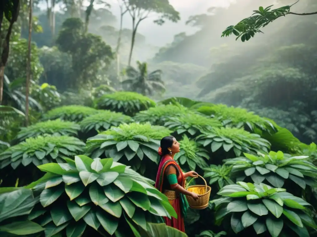 Una mujer maya selecciona hojas verdes de Ramón en la selva tropical