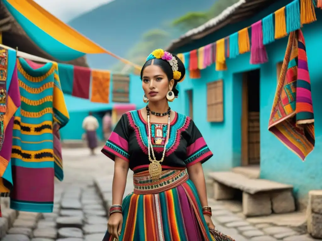 Una mujer maya viste un huipil y corte colorido rodeada de puestos de mercado en Guatemala