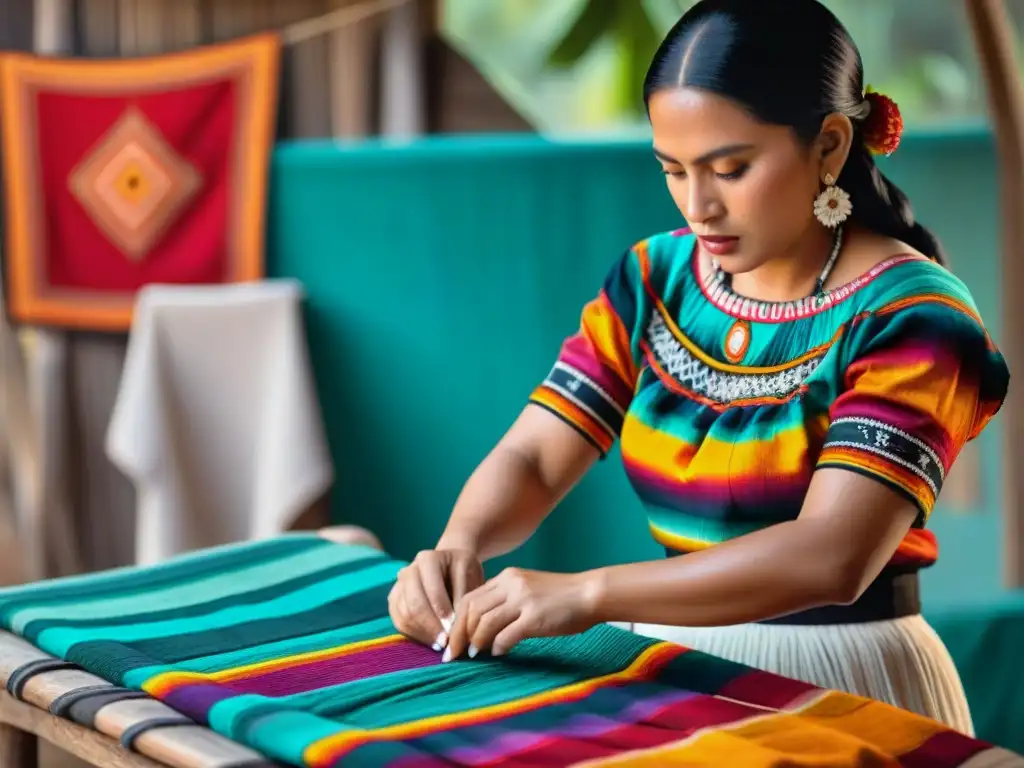 Una mujer maya teje un huipil con hilos de colores en una aldea tradicional, destacando el aseo personal en cultura maya