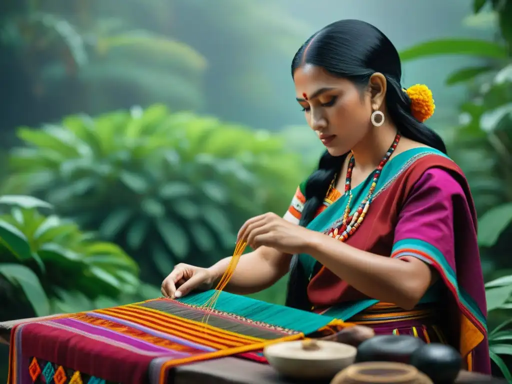 Una mujer maya tejiendo un huipil con patrones intrincados en medio de la exuberante vegetación, reflejando las normas y tabúes de vestimenta maya