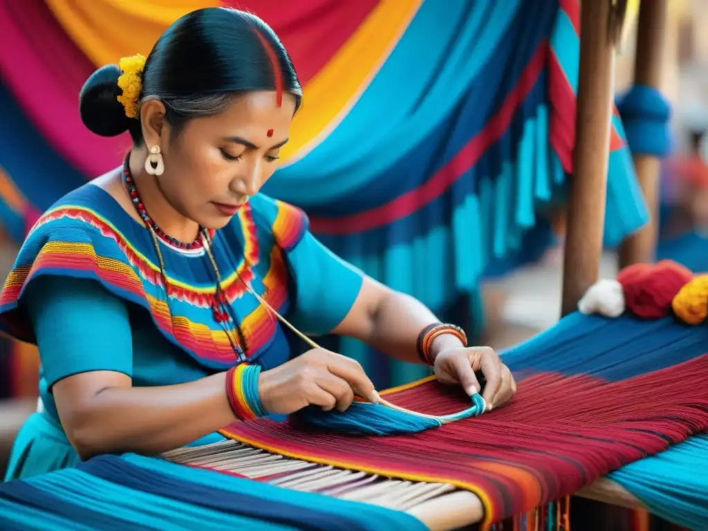 Una mujer maya teje un huipil rojo y azul, mostrando su destreza y la riqueza cultural