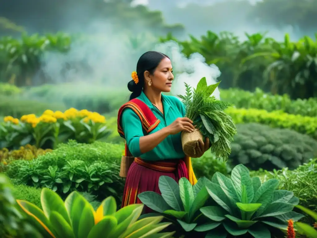 Una mujer maya cuidadosamente cultiva un jardín de hierbas bajo el sol de Yucatán