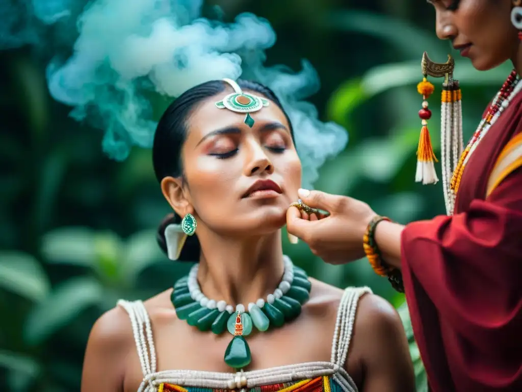 Una mujer maya viste joyería ancestral en un ritual, reflejando el significado espiritual de la joyería maya