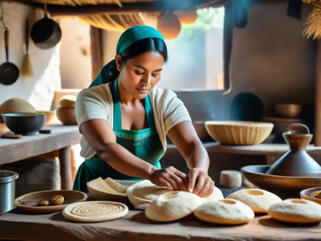 Una mujer maya elabora a mano misterioso pan maya tradición en cocina rústica con herramientas tradicionales