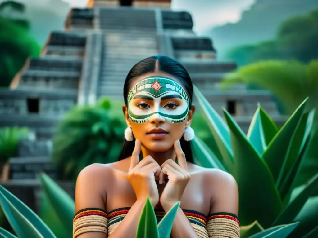 'Mujer maya creando mascarilla con ingredientes naturales en entorno ancestral