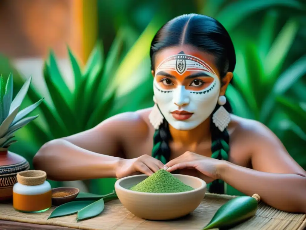 Una mujer maya prepara mascarilla de ingredientes mayas naturales en entorno ancestral