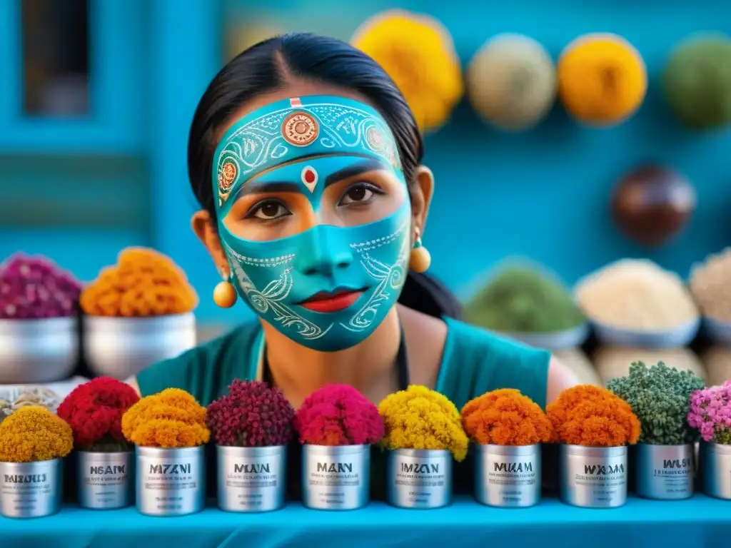 Una mujer maya elaborando mascarillas de ingredientes mayas naturales en un mercado vibrante