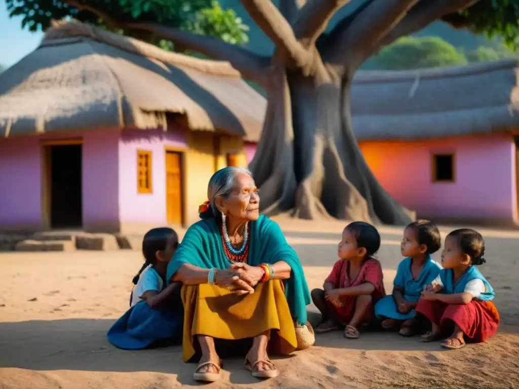 Una mujer maya mayor narra una historia a niños bajo un árbol al atardecer, en una comunidad maya