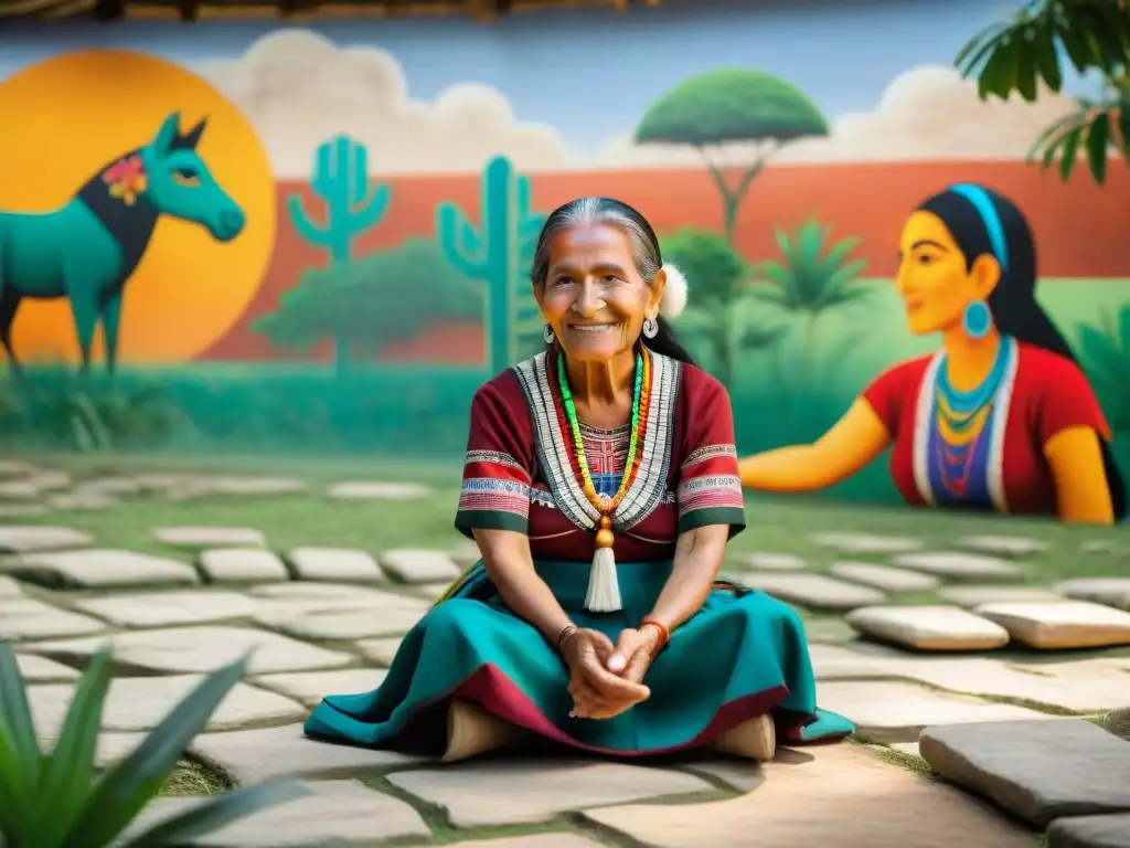 Una mujer maya mayor comparte historias en lenguas mayas con un grupo diverso de estudiantes frente a un mural colorido