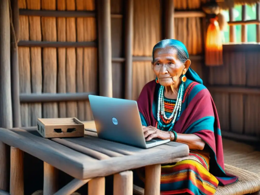 Mujer maya mayor usando laptop en choza rústica: impacto tecnología comunidades mayas