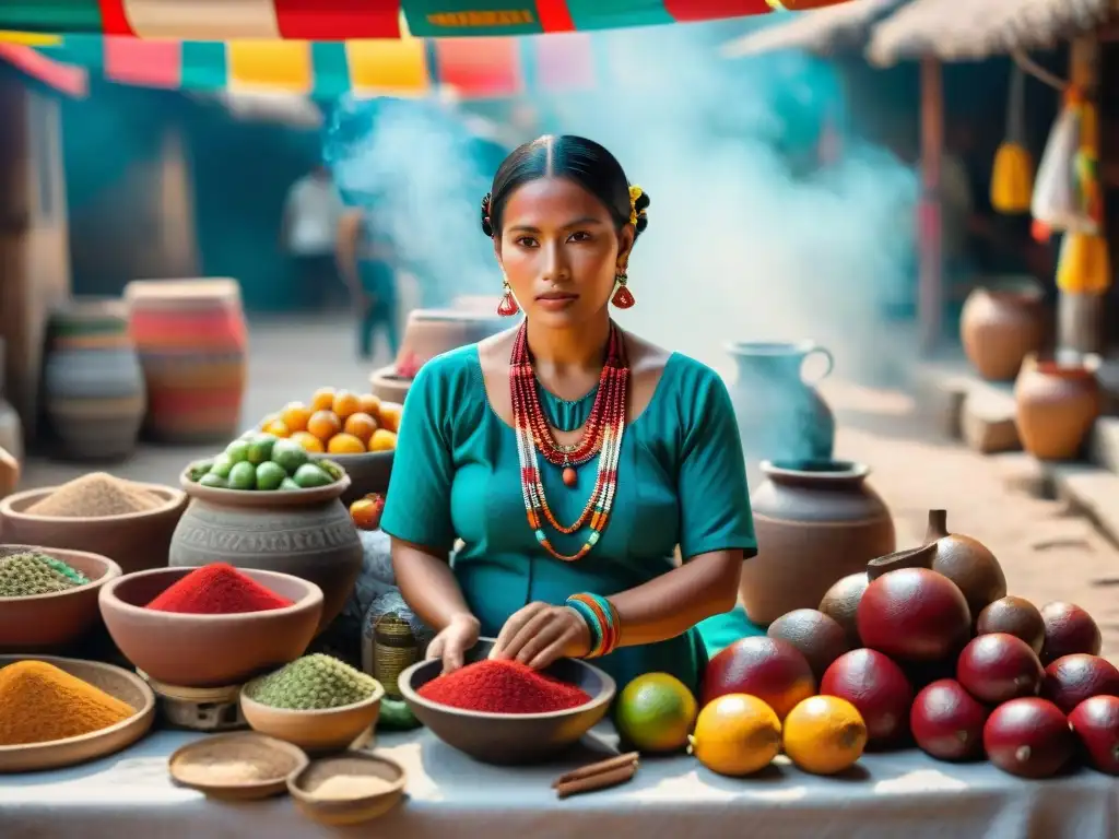 Una mujer maya en un mercado tradicional vierte líquido rojo entre vasijas, rodeada de frutas y hierbas