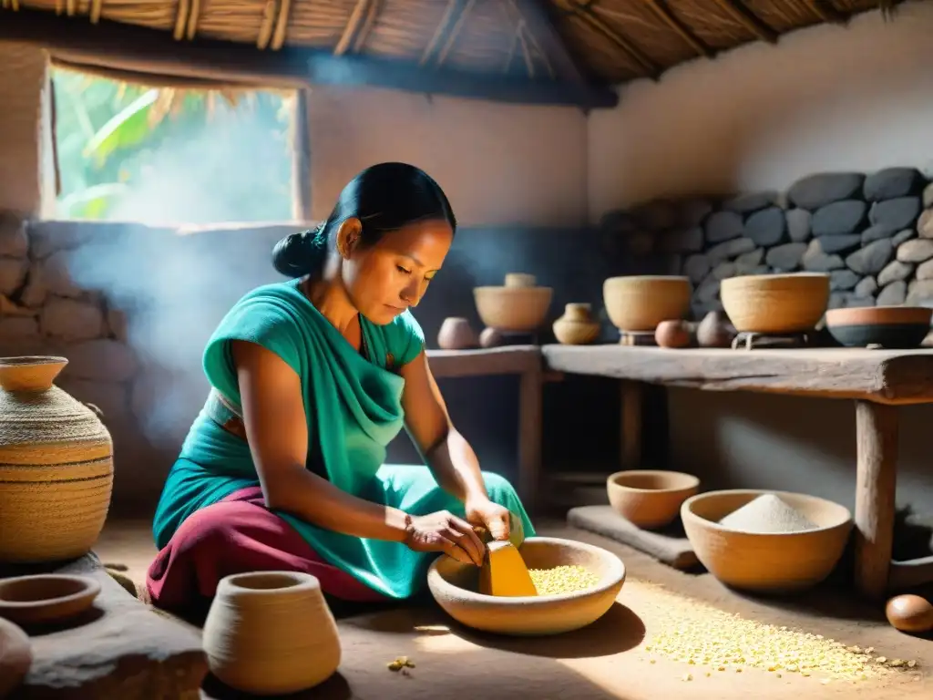 Una mujer maya en Sayil muele maíz en metate en cocina rústica, reflejando la vida cotidiana maya en Sayil