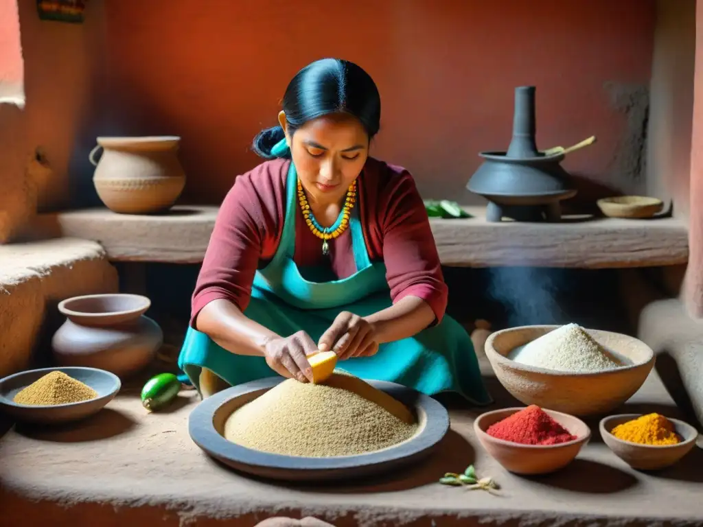 Una mujer maya muele maíz en un metate, creando tortillas