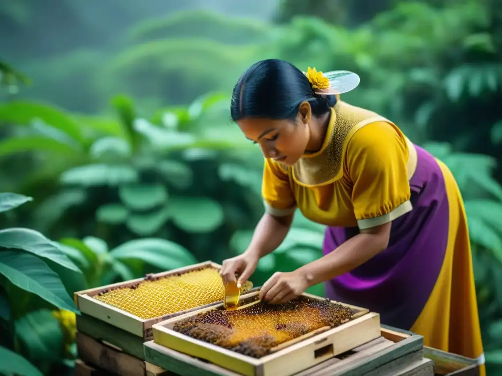 Mujer maya extrayendo miel de abejas meliponas en la jungla: Importancia abejas meliponas cultura maya