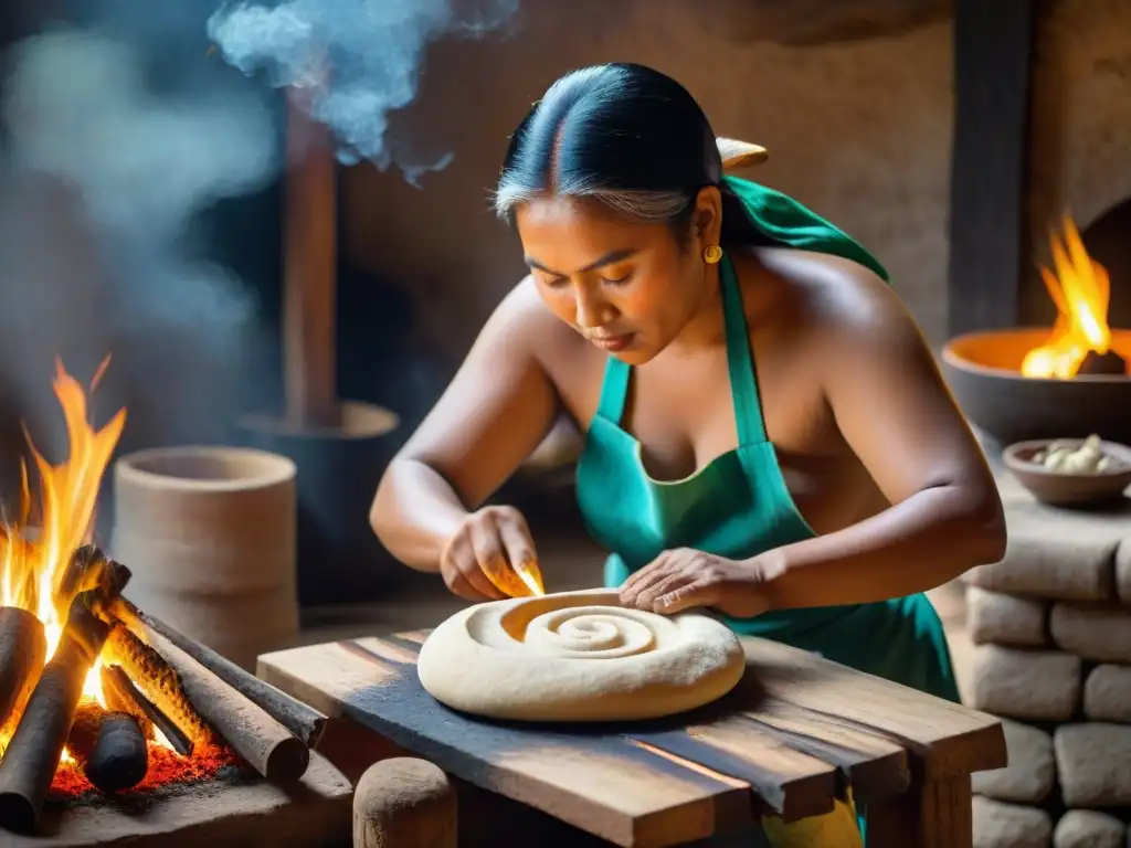 Una mujer maya moldea y hornea el Misterioso pan maya tradición sobre fuego, resaltando su destreza y cultura ancestral