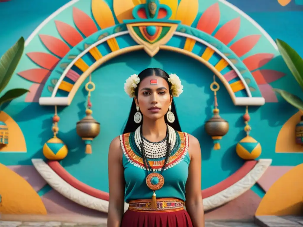 Una mujer maya moderna frente a mural de deidades mayas, simbolizando la influencia de deidades femeninas en la sociedad