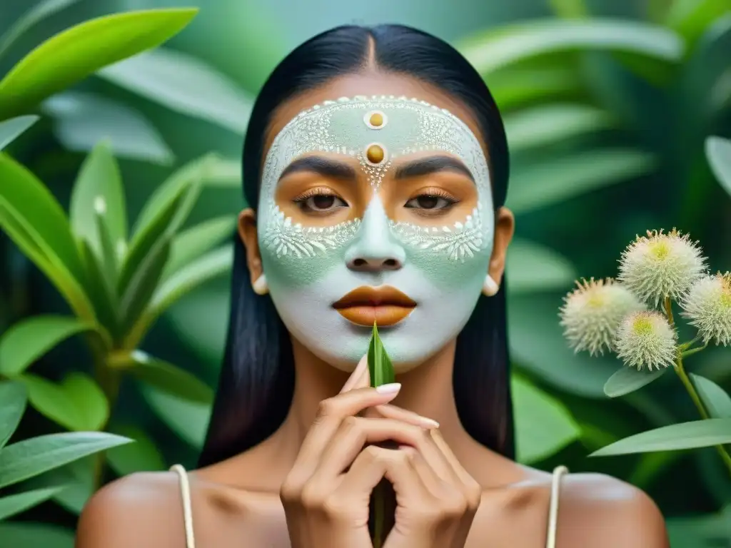 Una mujer maya moderna aplicando una mascarilla facial tradicional con ingredientes locales