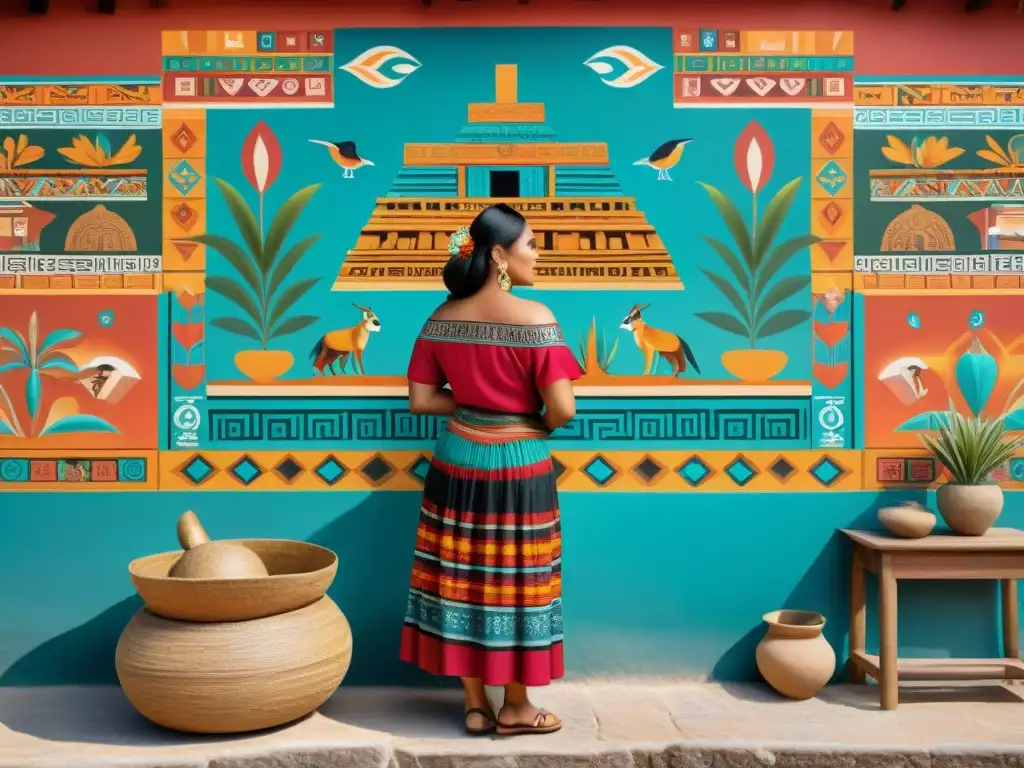 Mujer maya tejiendo en mural detallado, resaltando importancia mujer en civilización Maya