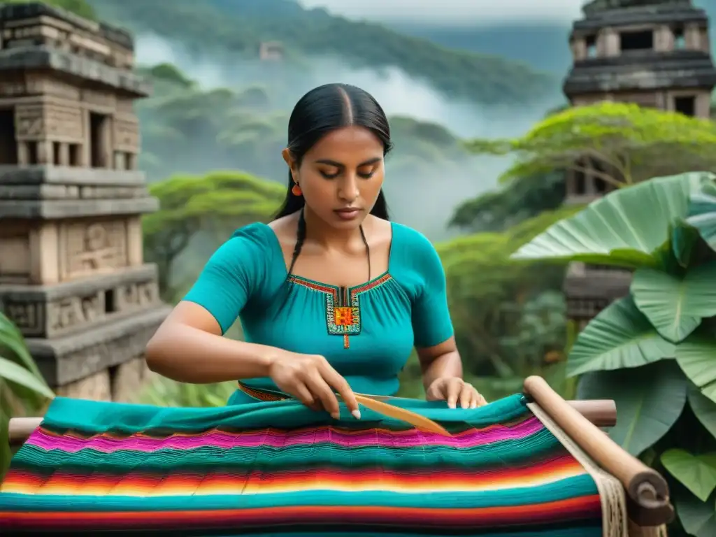 Una mujer maya tejiendo patrones en un textil colorido, rodeada de vegetación y ruinas antiguas, preservación lenguas mayas turismo cultural