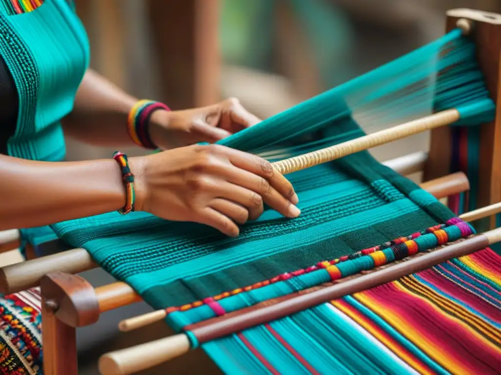 Una mujer maya tejiendo patrones tradicionales en telar de cintura, fusionando tradición e innovación en el significado arte textil maya