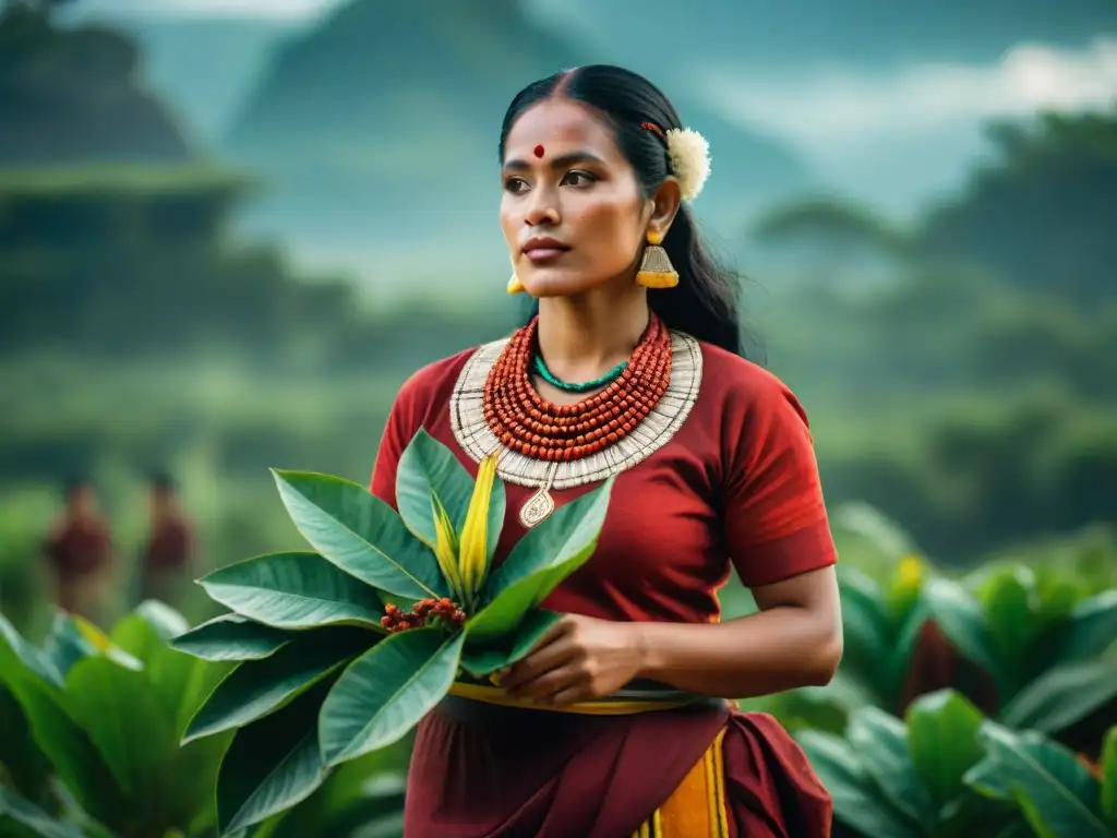 Una mujer maya sostiene una planta de achiote en un campo verde bajo el sol, destacando la importancia del achiote en la cultura maya