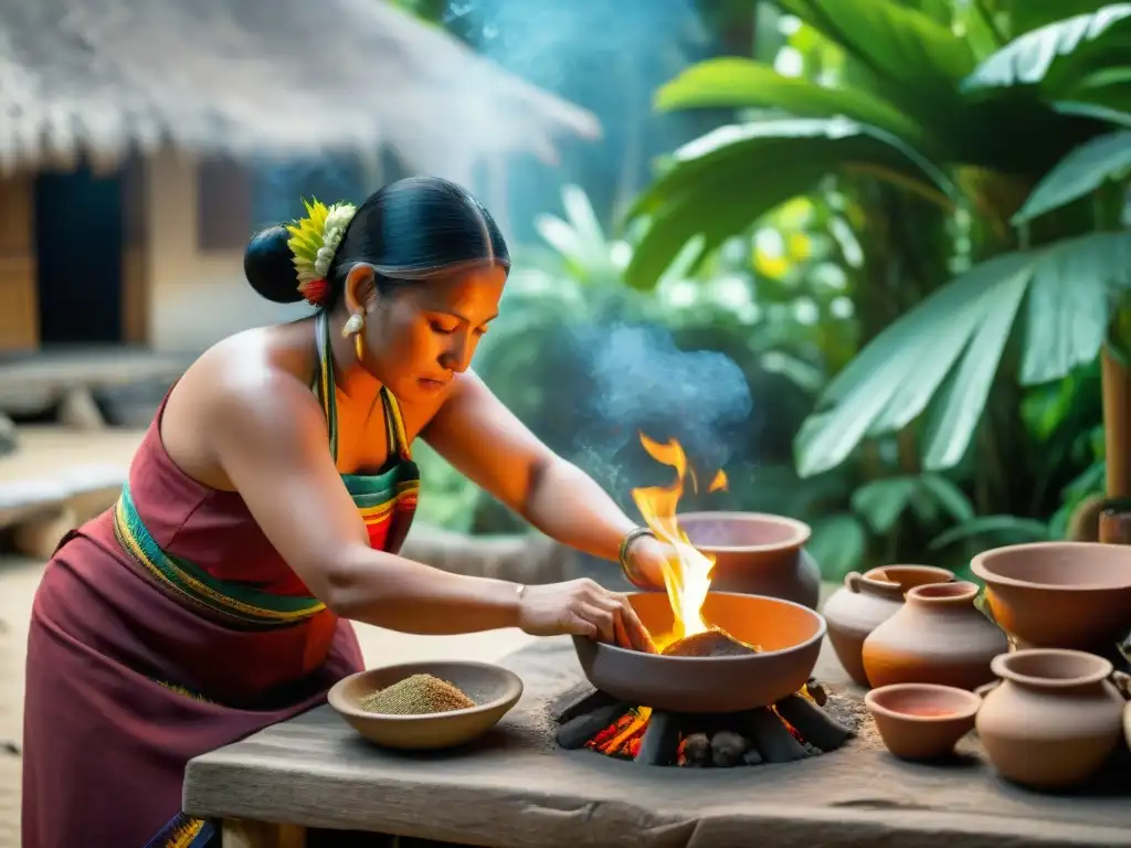 Una mujer maya prepara un platillo tradicional en una cocina al aire libre, rodeada de ingredientes y utensilios típicos