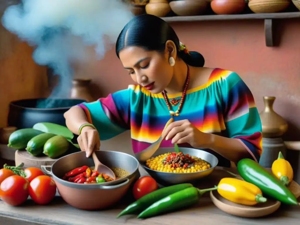 Tradición culinaria Maya: mujer preparando platillo ancestral Una mujer maya prepara un platillo tradicional rodeada de ingredientes frescos y coloridos en una cocina rústica