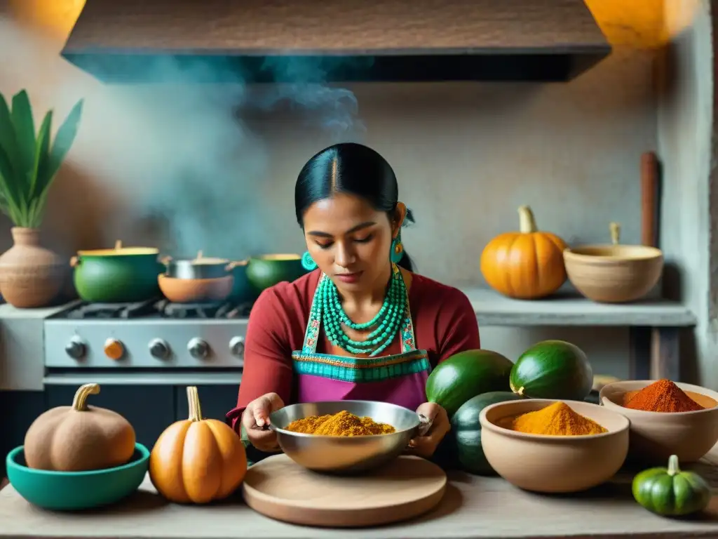 Una mujer maya preparando platillos con calabaza en cocina tradicional