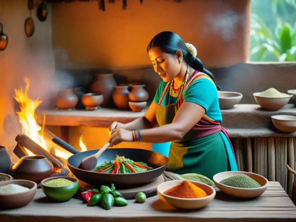 Una mujer maya prepara platillos tradicionales en una cocina en Chiapas, México, en una escena detallada y colorida