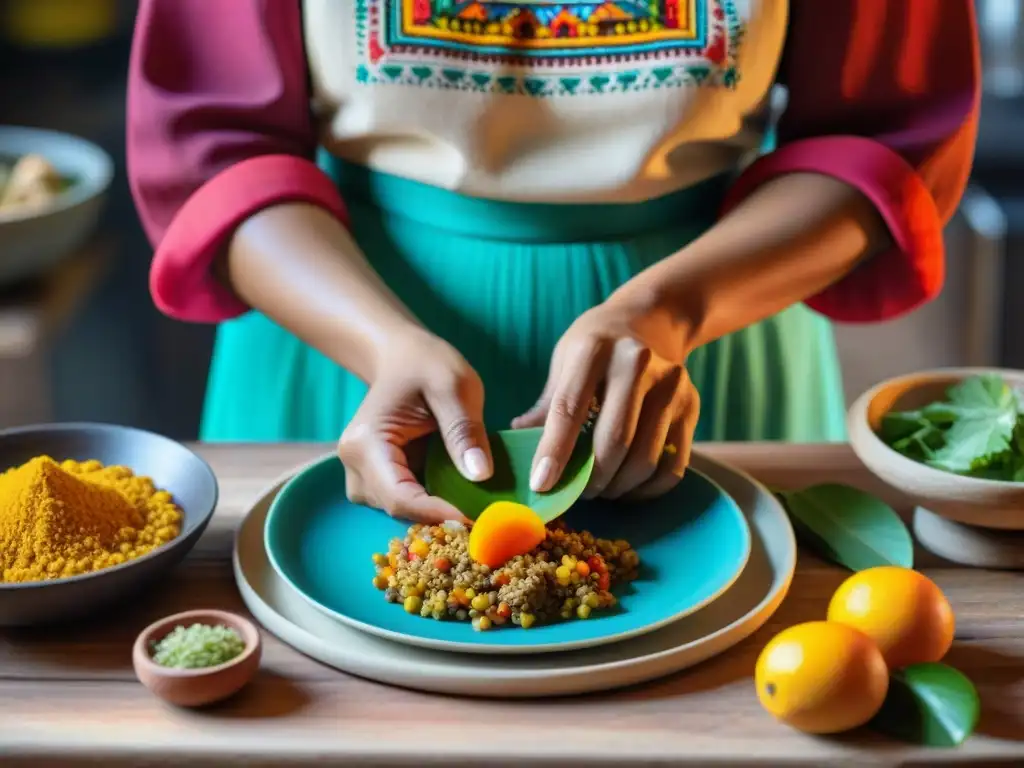 Una mujer maya preparando un plato vibrante en cocina rústica