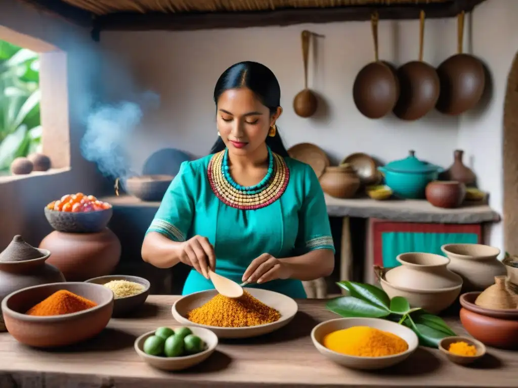 Una mujer maya prepara platos antiguos con utensilios tradicionales en una cocina rústica