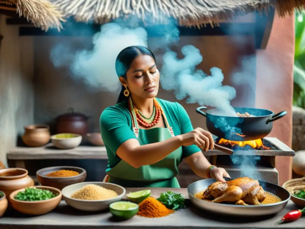 Una mujer maya prepara un Pib de pollo con recetas tradicionales platillos mayas, entre humo y vegetación exuberante