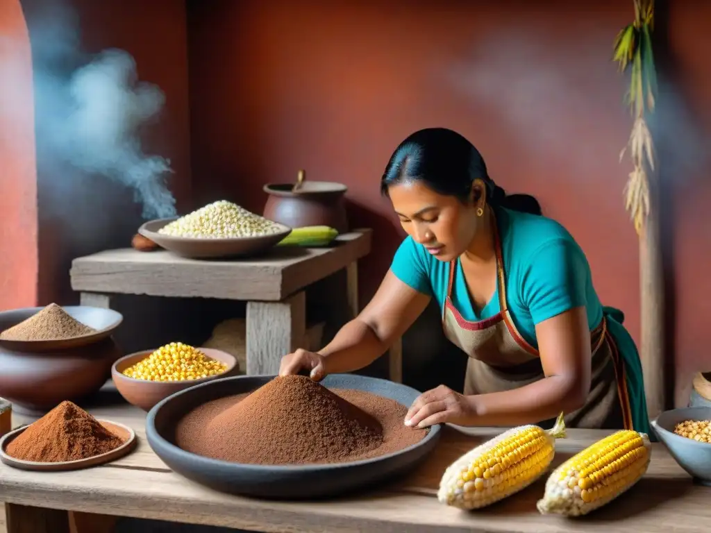 Preparación ancestral de pozol por mujer maya: detalle sorprendente Mujer maya preparando pozol en cocina rústica, destacando la importancia de la bebida energética ancestral