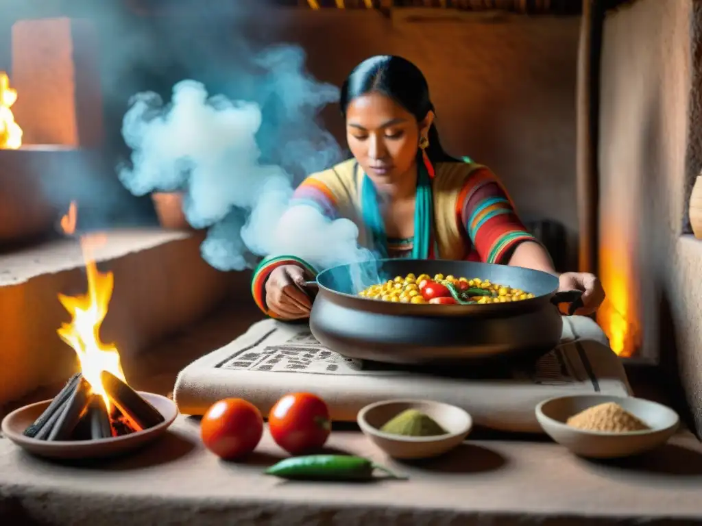 Una mujer maya prepara receta ancestral en cocina tradicional con libros de gastronomía maya