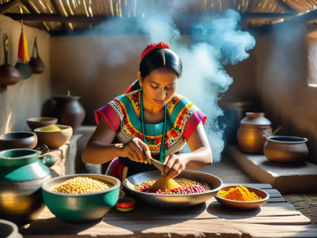 Una mujer maya preparando una receta ancestral en una cocina rústica con ingredientes tradicionales como maíz y chiles