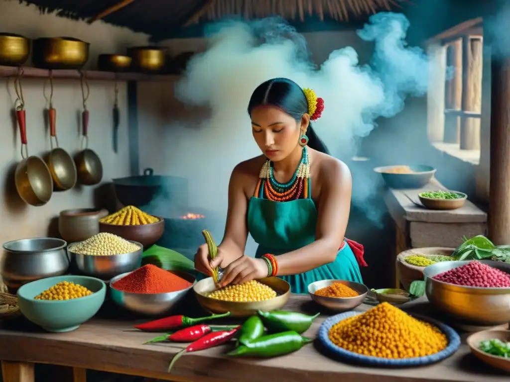 Experiencia culinaria maya: mujer preparando comida tradicional Una mujer maya prepara una receta ancestral con ingredientes coloridos en una cocina tradicional