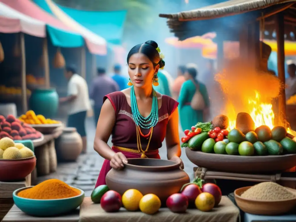 Una mujer maya prepara recetas ancestrales cocina maya en un mercado vibrante