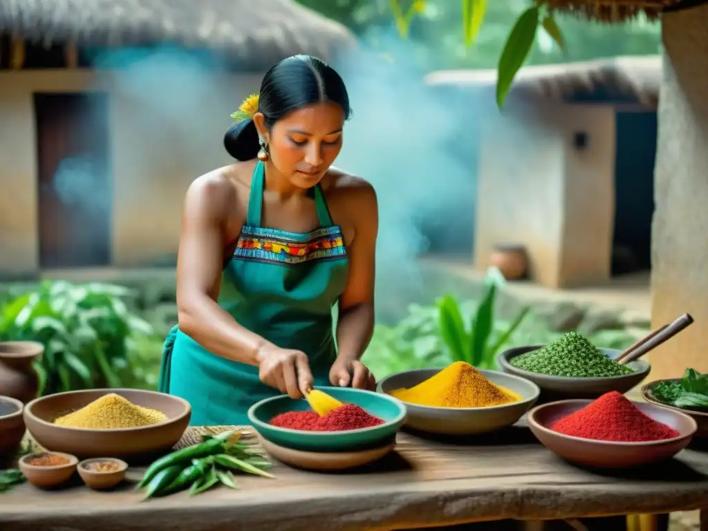 Una mujer maya preparando recetas ancestrales en cocina al aire libre con maíz, chiles y hierbas