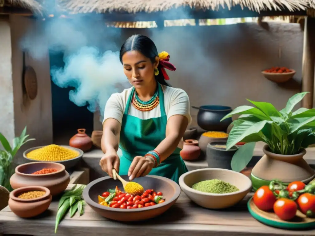 Experiencia culinaria maya: preparando plato tradicional Una mujer maya preparando recetas ancestrales en una cocina rústica al aire libre