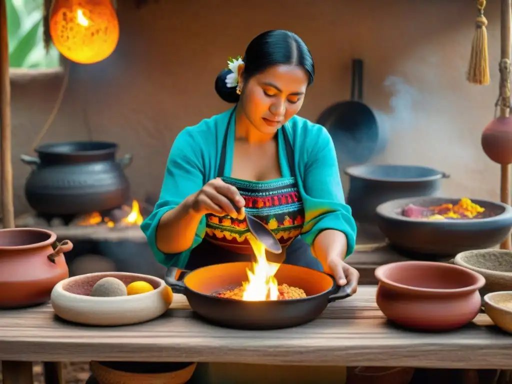 Una mujer maya prepara recetas tradicionales platillos mayas en una cocina rústica con utensilios de barro