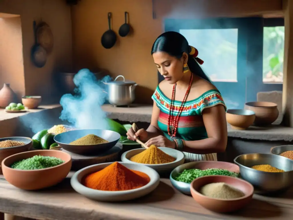 Una mujer maya prepara con maestría recetas tradicionales platillos mayas en una cocina rústica